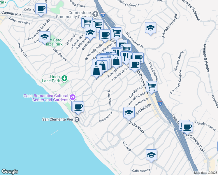 map of restaurants, bars, coffee shops, grocery stores, and more near 232 Avenida Rosa in San Clemente