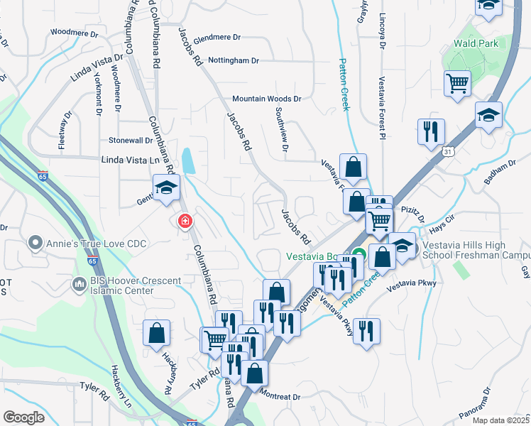 map of restaurants, bars, coffee shops, grocery stores, and more near 2555 Mountain Lodge Circle in Vestavia Hills