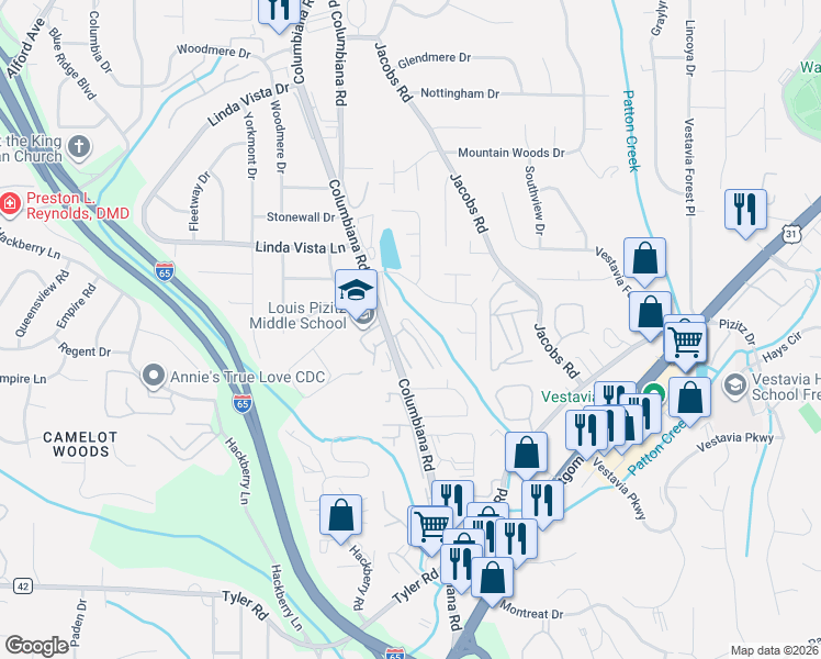 map of restaurants, bars, coffee shops, grocery stores, and more near 2704 Cross Bridge Lane in Vestavia Hills