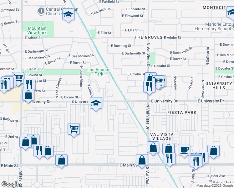 map of restaurants, bars, coffee shops, grocery stores, and more near 3426 East University Drive in Mesa