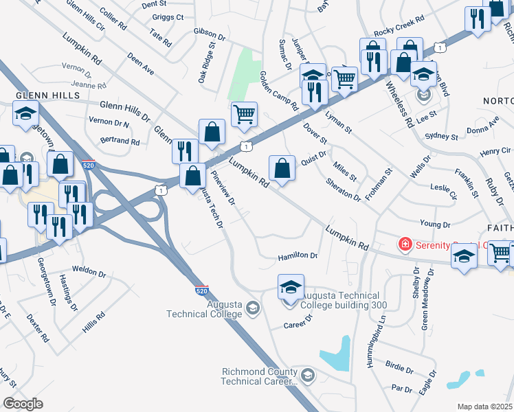 map of restaurants, bars, coffee shops, grocery stores, and more near 2538 Pineview Drive in Augusta