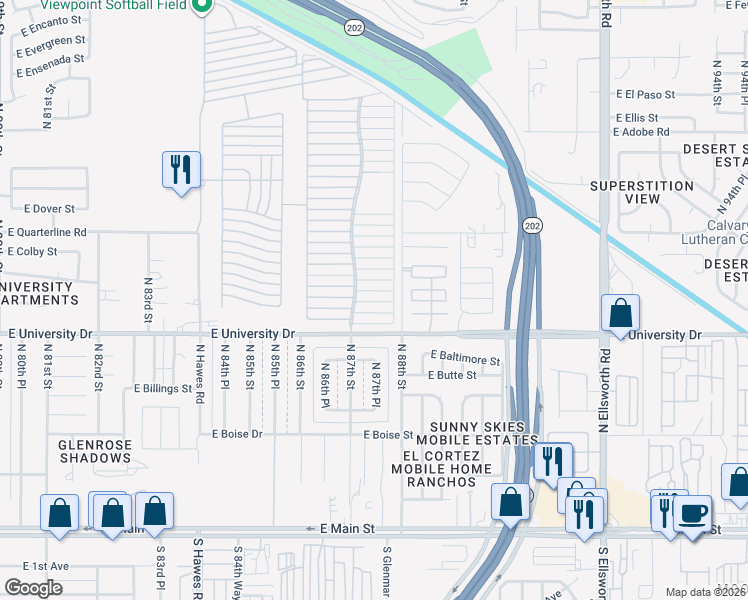 map of restaurants, bars, coffee shops, grocery stores, and more near East Viewpoint Trailer Resort in Mesa