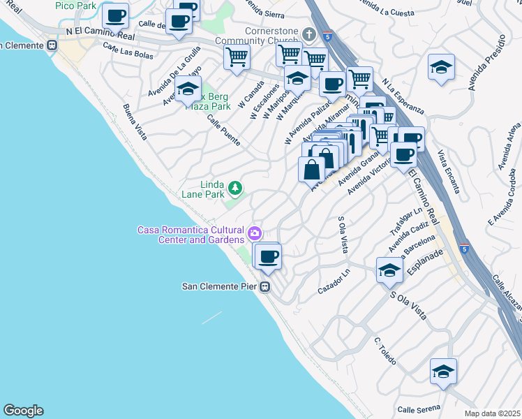 map of restaurants, bars, coffee shops, grocery stores, and more near 325 West Avenida Palizada in San Clemente