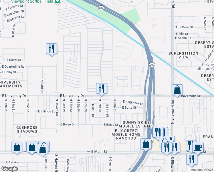 map of restaurants, bars, coffee shops, grocery stores, and more near East Viewpoint Trailer Resort in Mesa