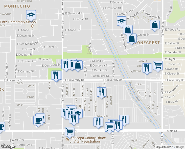 map of restaurants, bars, coffee shops, grocery stores, and more near 4651 East Caballero Street in Mesa