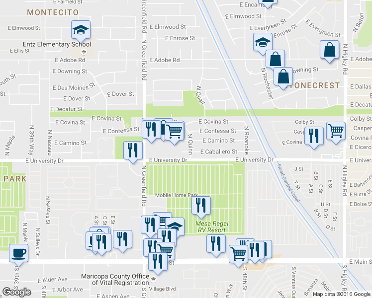 map of restaurants, bars, coffee shops, grocery stores, and more near 4454 East University Drive in Mesa