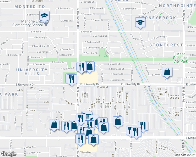 map of restaurants, bars, coffee shops, grocery stores, and more near 4454 East University Drive in Mesa