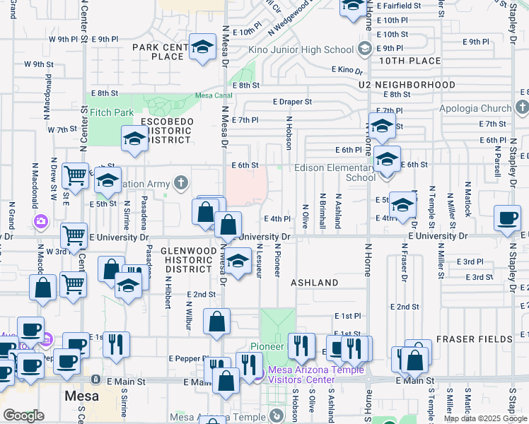map of restaurants, bars, coffee shops, grocery stores, and more near 423 North Lesueur in Mesa