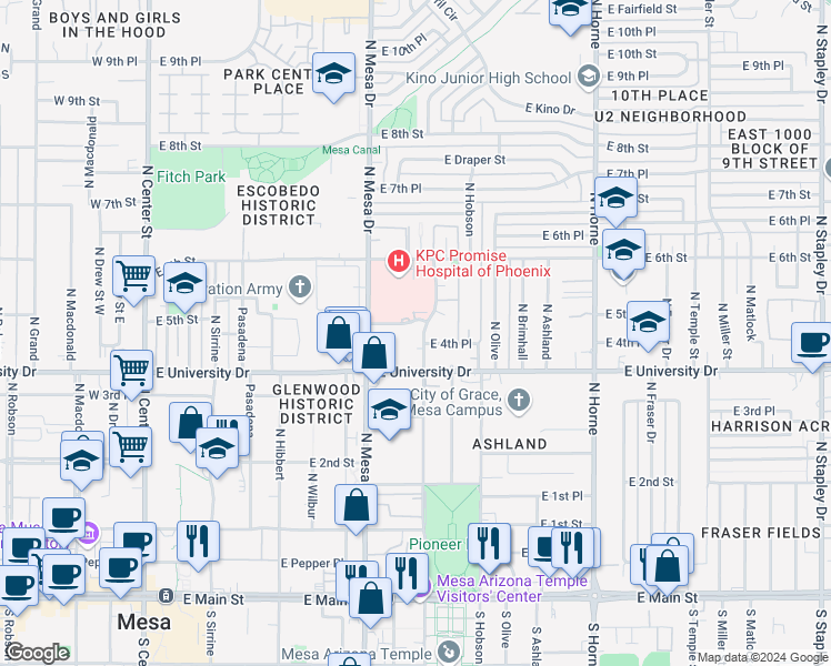 map of restaurants, bars, coffee shops, grocery stores, and more near 423 North Lesueur in Mesa