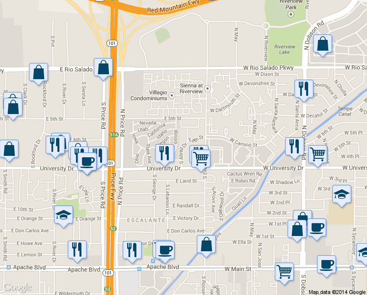 map of restaurants, bars, coffee shops, grocery stores, and more near 641 South Allred Drive in Tempe
