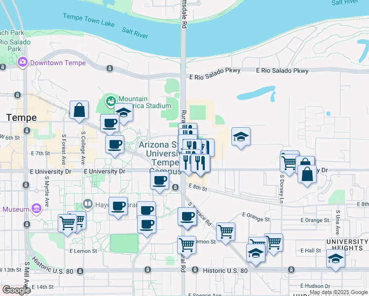 map of restaurants, bars, coffee shops, grocery stores, and more near 721 South Rural Road in Tempe