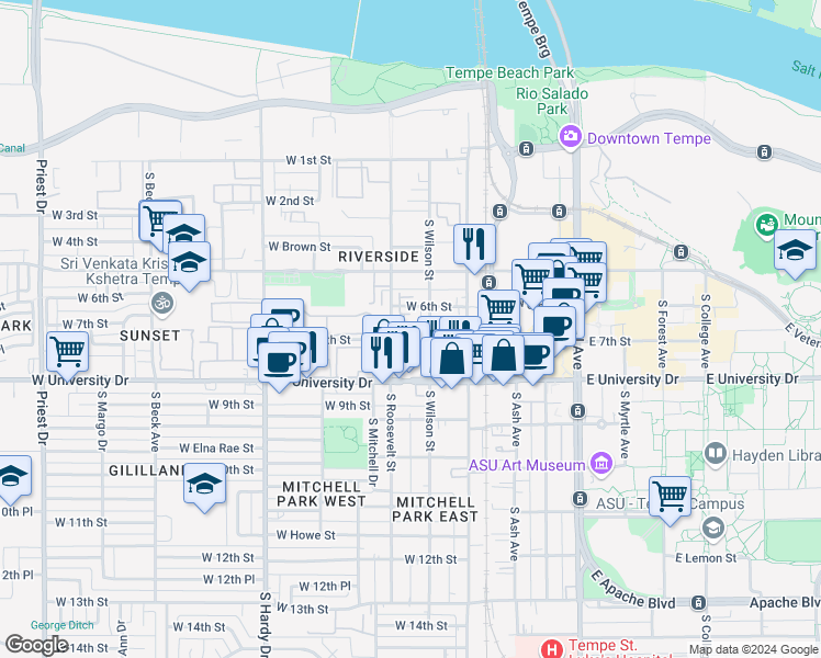 map of restaurants, bars, coffee shops, grocery stores, and more near 701 South Roosevelt Street in Tempe