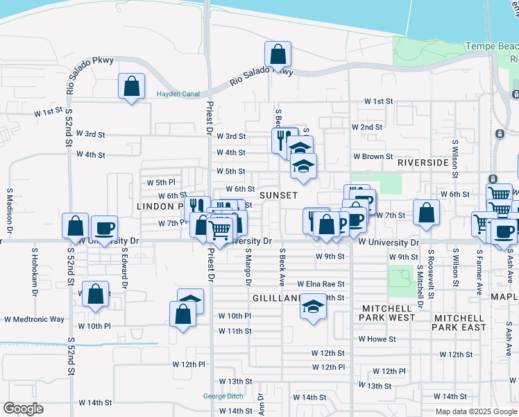 map of restaurants, bars, coffee shops, grocery stores, and more near 1309 West 7th Place in Tempe