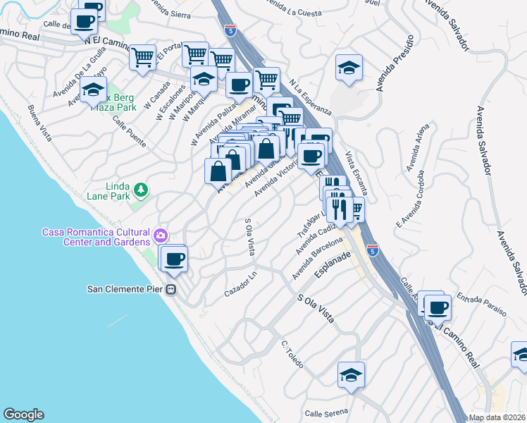 map of restaurants, bars, coffee shops, grocery stores, and more near 231 Avenida Santa Barbara in San Clemente