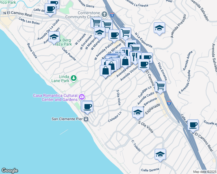 map of restaurants, bars, coffee shops, grocery stores, and more near 258 Avenida Victoria in San Clemente