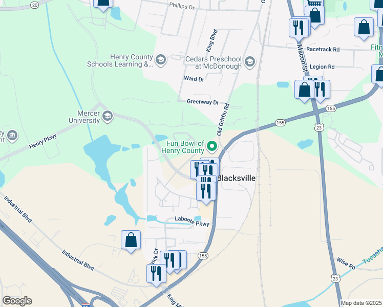 map of restaurants, bars, coffee shops, grocery stores, and more near 1120 Mcconaughy Court in McDonough