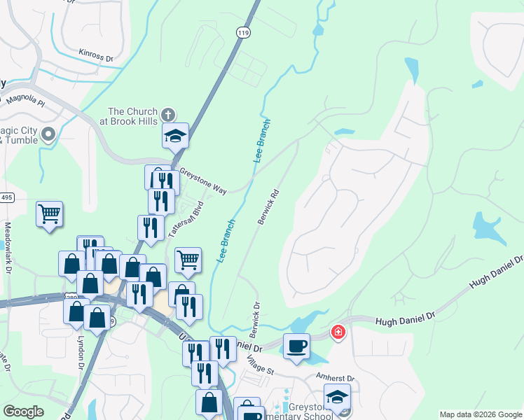 map of restaurants, bars, coffee shops, grocery stores, and more near 1162 Berwick Road in Birmingham