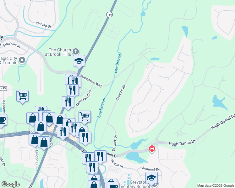 map of restaurants, bars, coffee shops, grocery stores, and more near 1162 Berwick Road in Birmingham