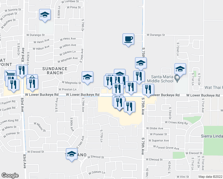 map of restaurants, bars, coffee shops, grocery stores, and more near 7710 West Lower Buckeye Road in Phoenix