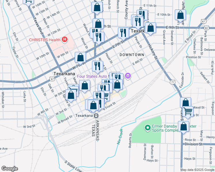 map of restaurants, bars, coffee shops, grocery stores, and more near 301 East 3rd Street in Texarkana