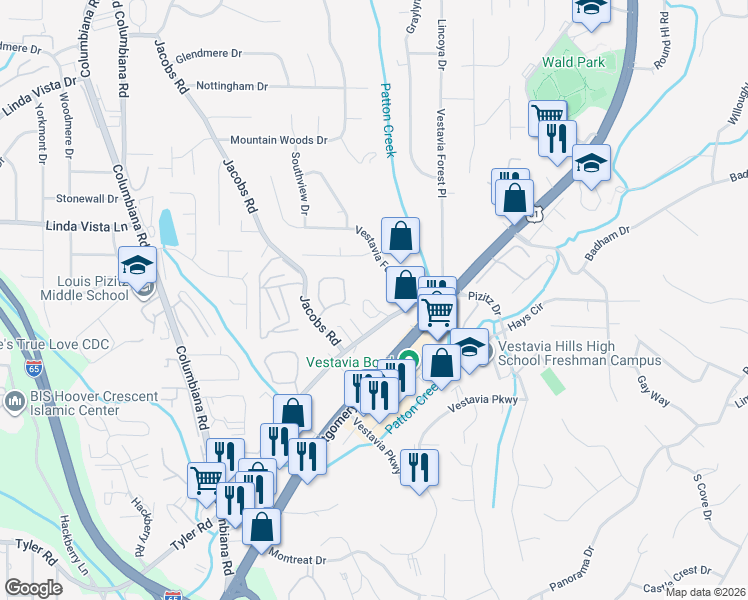 map of restaurants, bars, coffee shops, grocery stores, and more near 2 The Falls Drive in Vestavia Hills