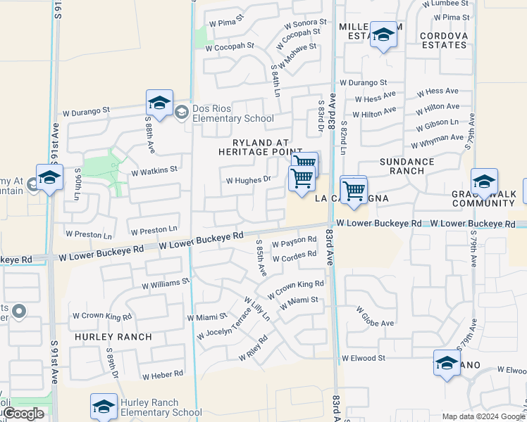 map of restaurants, bars, coffee shops, grocery stores, and more near 2640 South 84th Glen in Tolleson