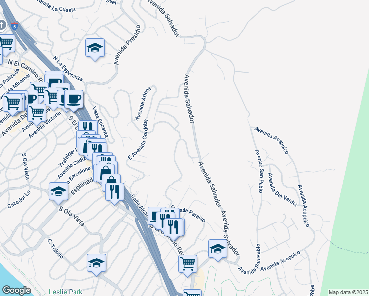 map of restaurants, bars, coffee shops, grocery stores, and more near 606 East Avenida San Juan in San Clemente