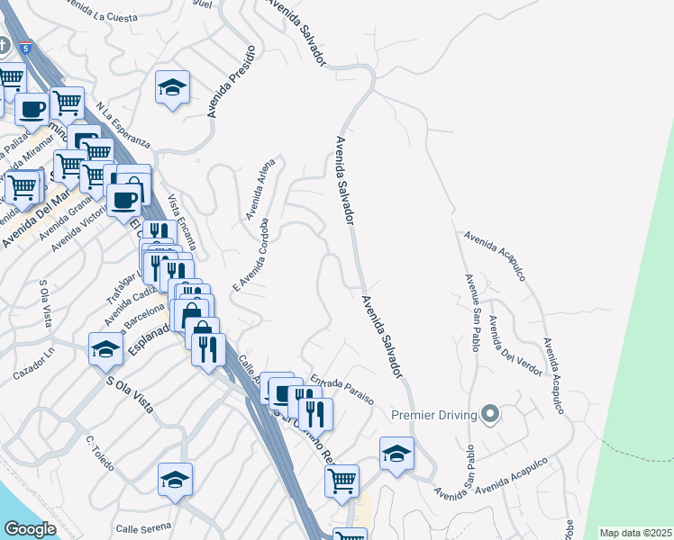 map of restaurants, bars, coffee shops, grocery stores, and more near 606 East Avenida San Juan in San Clemente