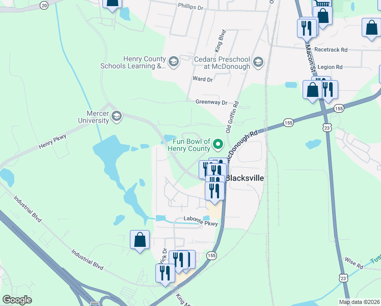 map of restaurants, bars, coffee shops, grocery stores, and more near 1208 Crossing Boulevard in McDonough