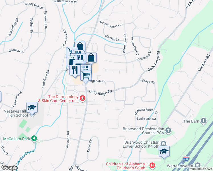 map of restaurants, bars, coffee shops, grocery stores, and more near 2427 Dolly Ridge Road in Vestavia Hills