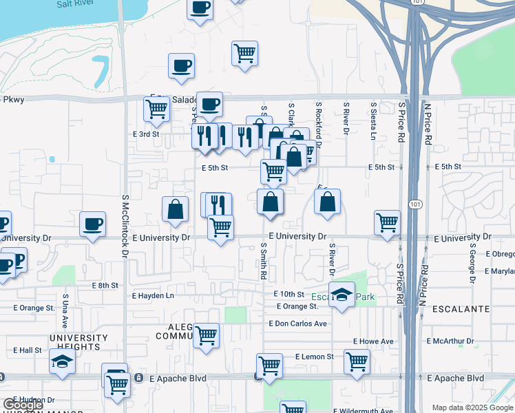 map of restaurants, bars, coffee shops, grocery stores, and more near 1992 East University Drive in Tempe