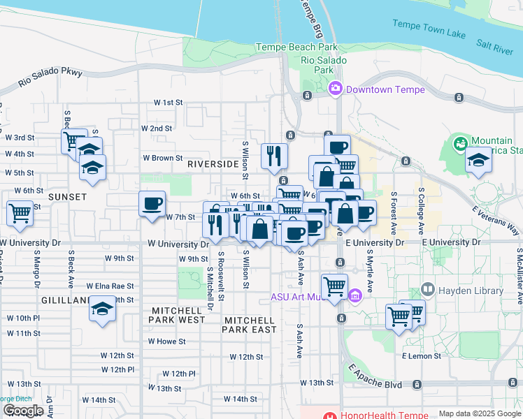 map of restaurants, bars, coffee shops, grocery stores, and more near 407 West 7th Street in Tempe