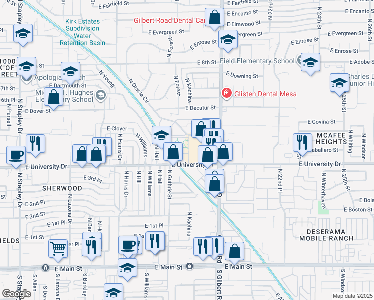 map of restaurants, bars, coffee shops, grocery stores, and more near 1860 East University Drive in Mesa