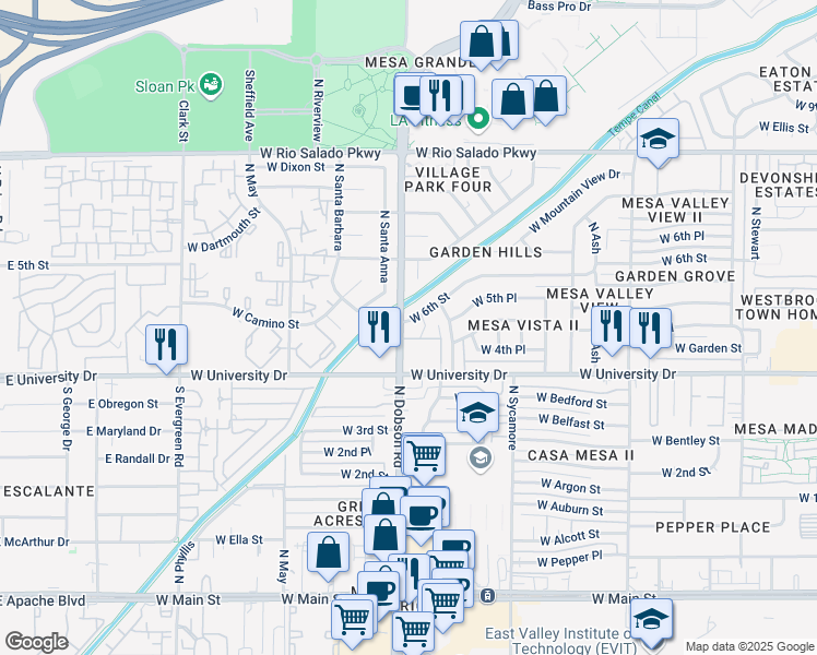map of restaurants, bars, coffee shops, grocery stores, and more near 442 North Dobson Road in Mesa