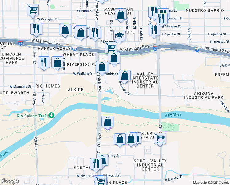 map of restaurants, bars, coffee shops, grocery stores, and more near 2439 South Central Avenue in Phoenix