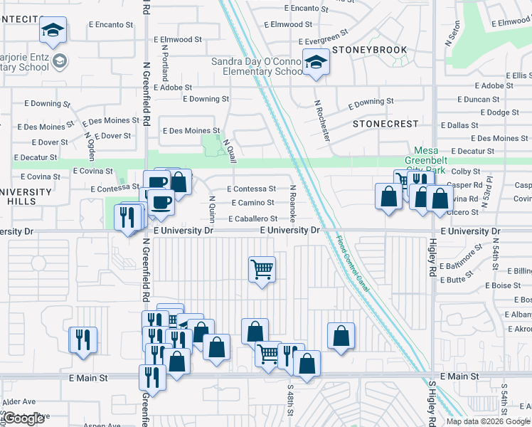 map of restaurants, bars, coffee shops, grocery stores, and more near 4722 East Caballero Street in Mesa