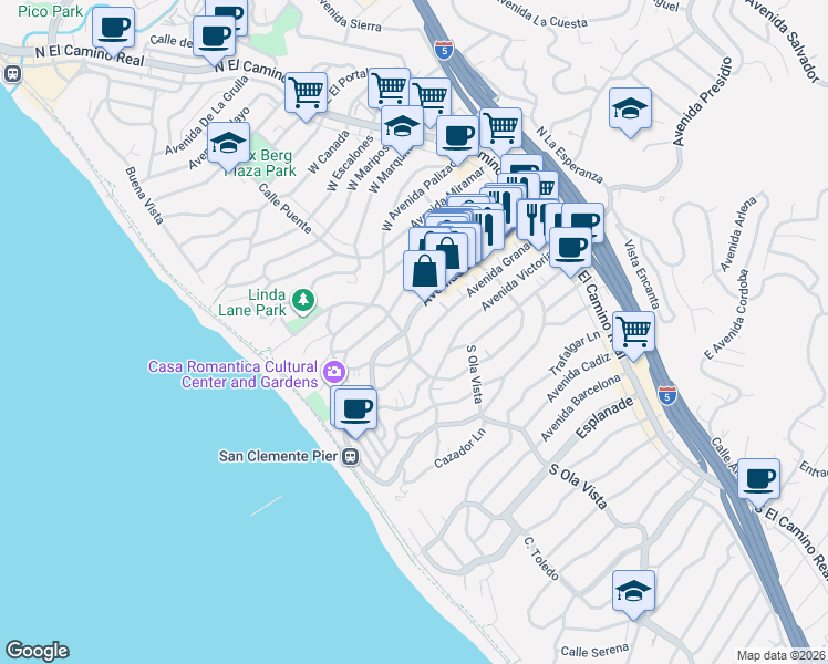 map of restaurants, bars, coffee shops, grocery stores, and more near in San Clemente
