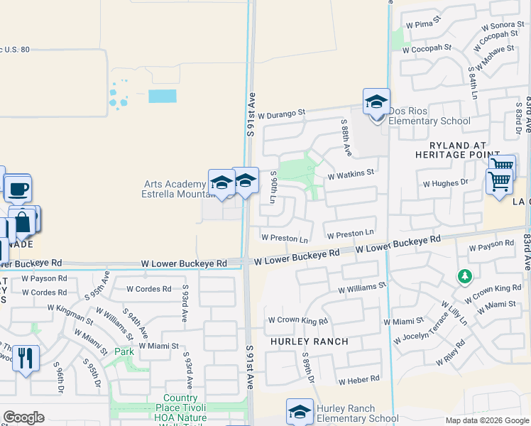 map of restaurants, bars, coffee shops, grocery stores, and more near 9028 West Magnolia Street in Tolleson