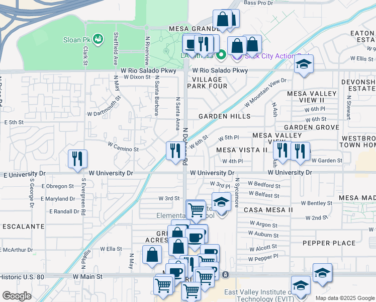 map of restaurants, bars, coffee shops, grocery stores, and more near 442 North Dobson Road in Mesa