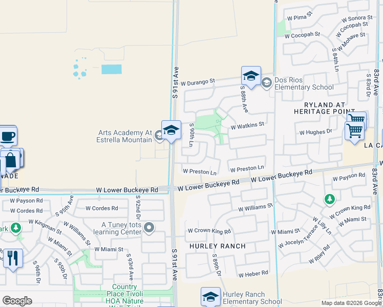 map of restaurants, bars, coffee shops, grocery stores, and more near 9016 West Magnolia Street in Tolleson