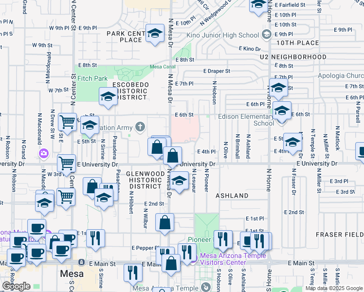 map of restaurants, bars, coffee shops, grocery stores, and more near 422 East University Drive in Mesa