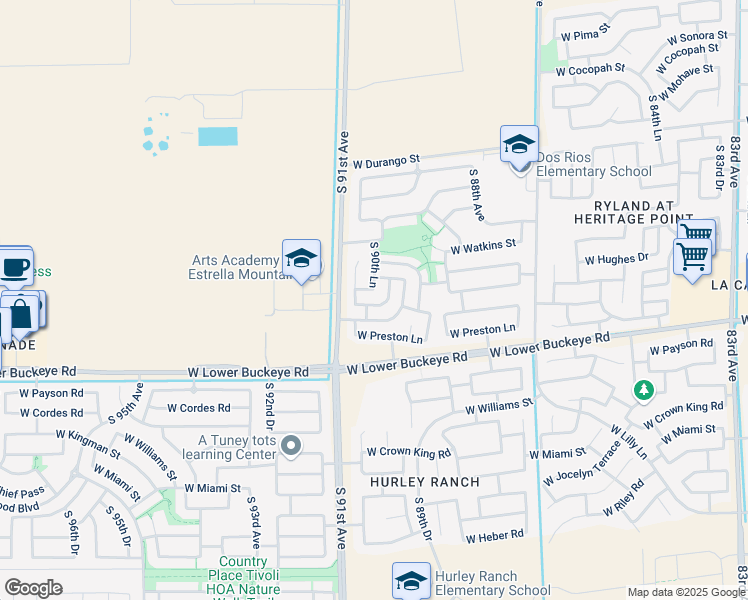 map of restaurants, bars, coffee shops, grocery stores, and more near 9018 West Toronto Way in Tolleson