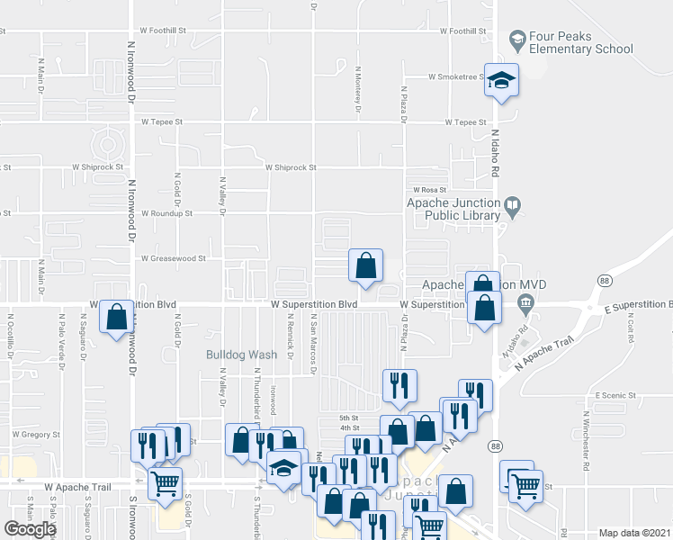 map of restaurants, bars, coffee shops, grocery stores, and more near 926 N Monterey Dr in Apache Junction