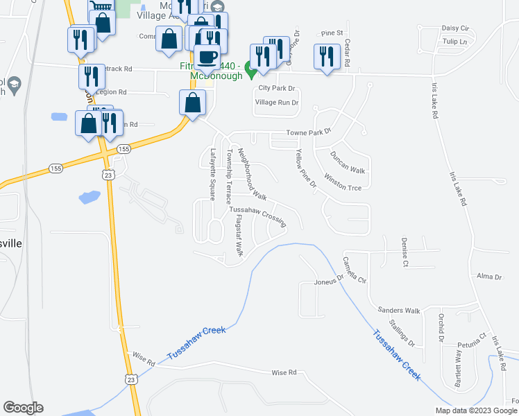 map of restaurants, bars, coffee shops, grocery stores, and more near 3030 Tussahaw Crossing in McDonough