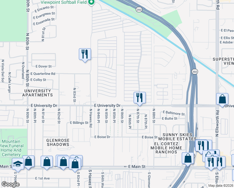 map of restaurants, bars, coffee shops, grocery stores, and more near Ln 2800 in Mesa