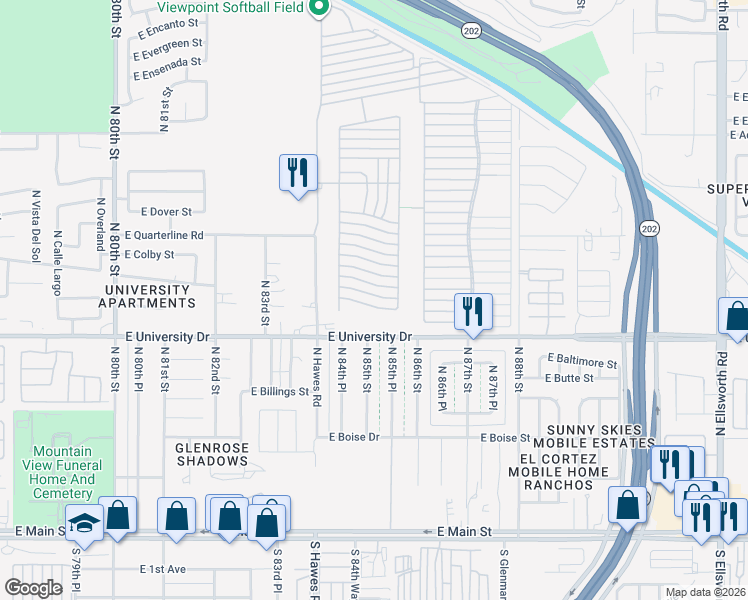 map of restaurants, bars, coffee shops, grocery stores, and more near Ln 3000 in Mesa