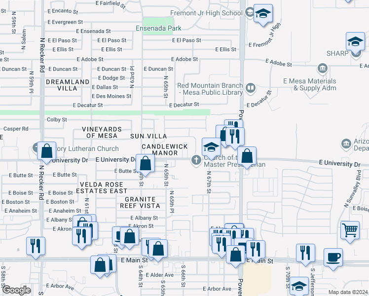 map of restaurants, bars, coffee shops, grocery stores, and more near 6512 East University Drive in Mesa