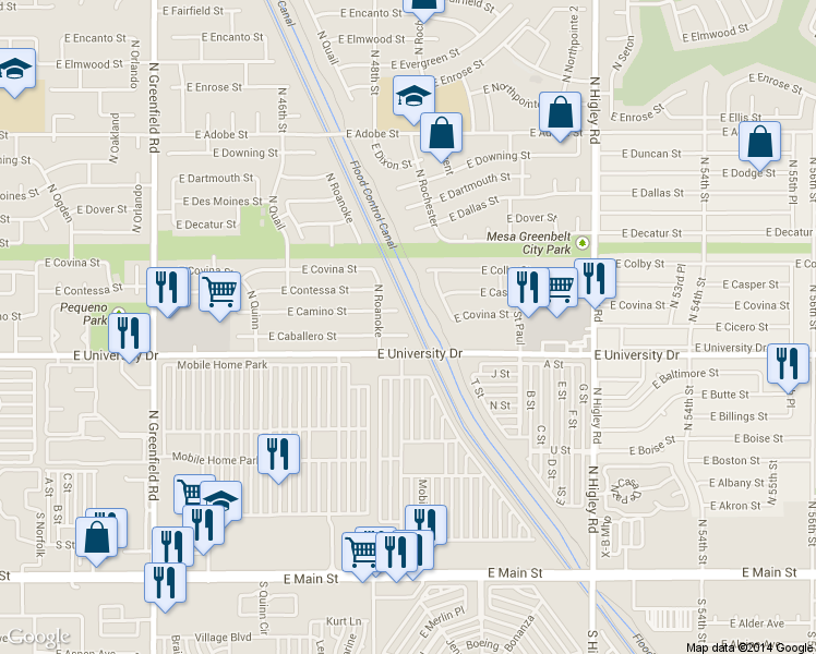 map of restaurants, bars, coffee shops, grocery stores, and more near 4845 East Caballero Circle in Mesa