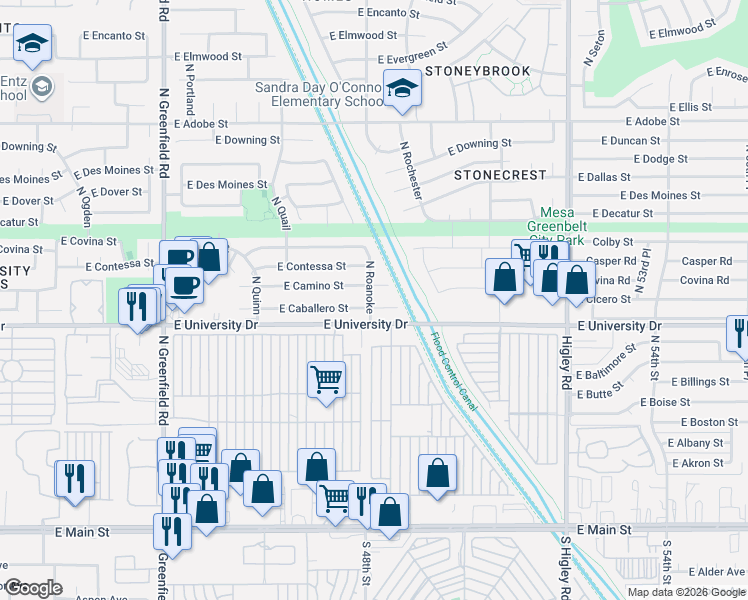 map of restaurants, bars, coffee shops, grocery stores, and more near 4805 East Caballero Circle in Mesa