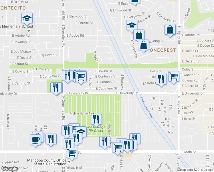 map of restaurants, bars, coffee shops, grocery stores, and more near 4651 East Caballero Street in Mesa